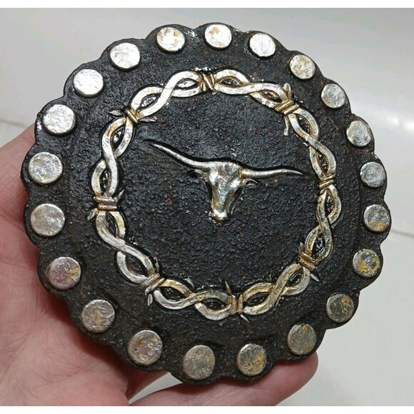 Western Set of 4 Coasters Longhorn Barbed Wire Belt Look Holder Leather Look - Picture 6 of 11